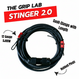 A coiled 'STINGER 2.0' by The Grip Lab with callout text reading 'Sash Clasps with Length,' '12 Gauge SJ00W,' and 'Hubbell Plugs' available from Dependable Expendables