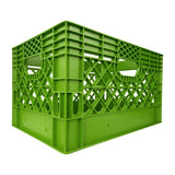 Lime 24 quart plastic Milk Crate used to store video audio cables and film grip equipment - Dependable Expendables