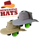 Newcastle earphone hats in silver grey and beige allows for wearing headphones preferred by professional video and film sound mixers - Dependable Expendables