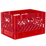 Red 24 quart plastic Milk Crate used to store video audio cables and film grip equipment - Dependable Expendables