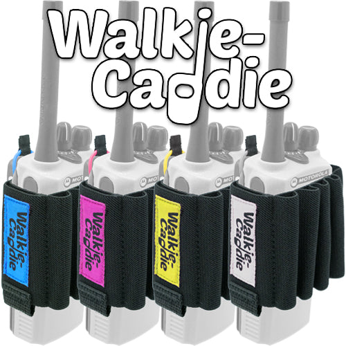 Walkie Caddie in blue, pink, yellow and white for tools, pens, and batteries, designed to fit around standard Motorola 200 style Walkie Talkies.