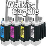 Walkie Caddie in blue, pink, yellow and white for tools, pens, and batteries, designed to fit around standard Motorola 200 style Walkie Talkies.