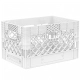 White 24 quart plastic Milk Crate used to store video audio cables and film grip equipment - Dependable Expendables