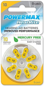 PowerMax Size A10 Hearing Aid Batteries (8 Pack), Size 10 Batteries