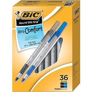 BIC 36 Count Round Stic Grip Xtra Comfort Ball ink Pens, Black and Blue - Dependable Expendables