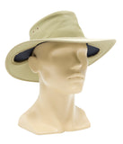 Newcastle earphone hat in khaki beige  allows for wearing headphones while protected from the sun preferred by professional video and film sound mixers.