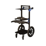 A mobile audio cart with black anodized aluminum shelves, equipped with various audio equipment, featuring four wheels for mobility.