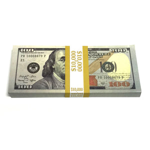 Money Prop New Style $100 Crisp $10,000 Stack for realistic on screen cash for music videos, television, movies and theater.