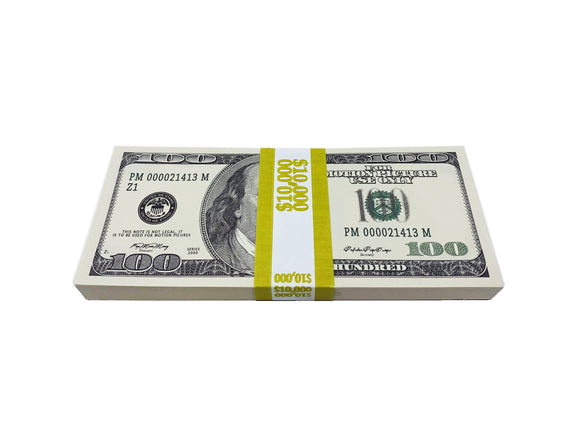 Money Prop Series 2000 $100 Crisp New $10,000 Full Print Stack realistic on screen cash for music videos, television, movies and theater.