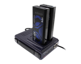 Two IDX System Technology NP-9X 96Wh Lithium Ion NP-Style Batteries in a base charger.