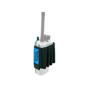 Walkie Caddie in blue, pink, yellow and white for tools, pens, and batteries, designed to fit around standard Motorola 200 style Walkie Talkies.