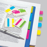 Half inch by one and three quarter inch Neon Color Stick-On Flags in Pink, Orange, Blue, & Green used in organizing production books for movie production